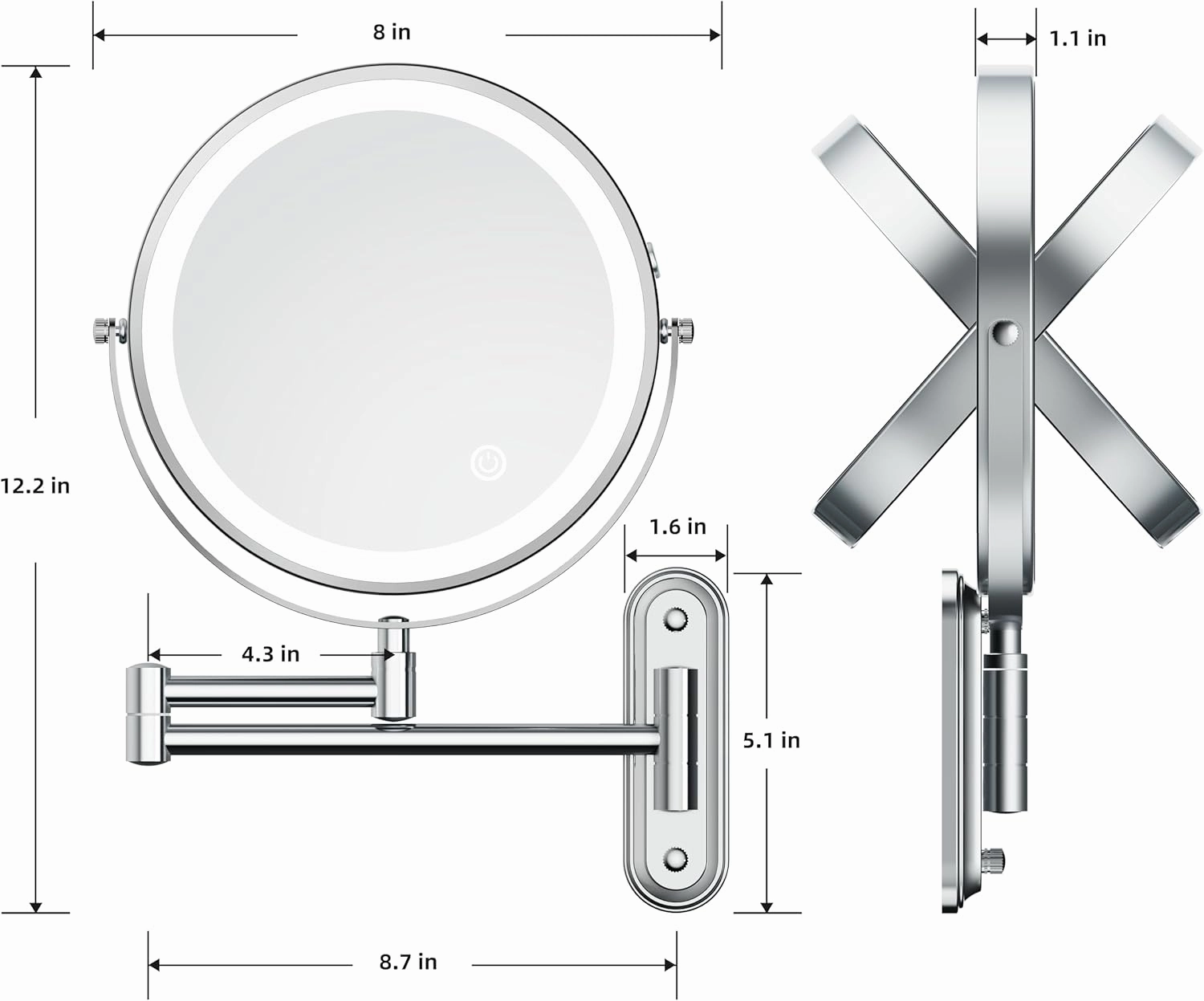 Rocollos Two-Fingers-Width Narrow Base Rechargeable Wall Mounted Lighted Makeup Mirror,3 Color Lights Dimmable Touch Screen,8 Inch LED Double Sided 1X/10X Magnifying Mirror 13 Inch Retractable