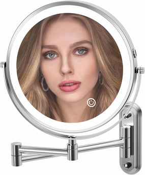 Rocollos Two-Fingers-Width Narrow Base Rechargeable Wall Mounted Lighted Makeup Mirror,3 Color Lights Dimmable Touch Screen,8 Inch LED Double Sided 1X/10X Magnifying Mirror 13 Inch Retractable