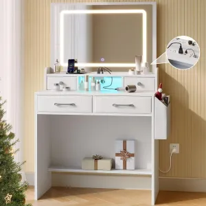 Rolanstar Vanity Desk with LED Lighted Mirror, Makeup Vanity with 4 Fabric Drawers, Power Outlet, Modern Vanity Desk for Bedroom & Dressing Room, White