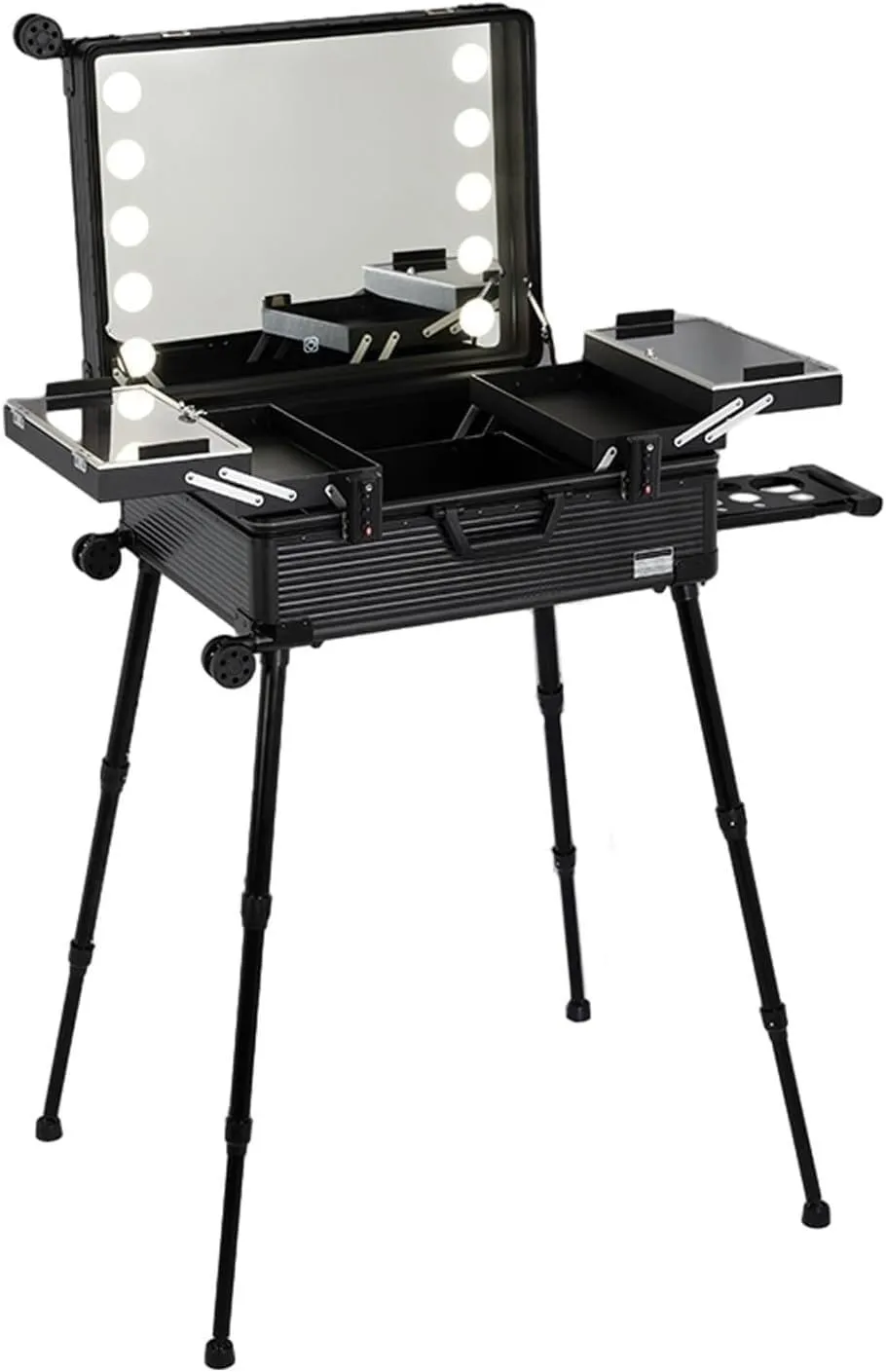 Rolling Cosmetic Case Rolling Makeup Case Aluminum Trolley Makeup Train Case With LED Lights Professional Cosmetic Organizer Studio Wheels And Stands Rolling Lighted Makeup Vanity Station(Black Stripe