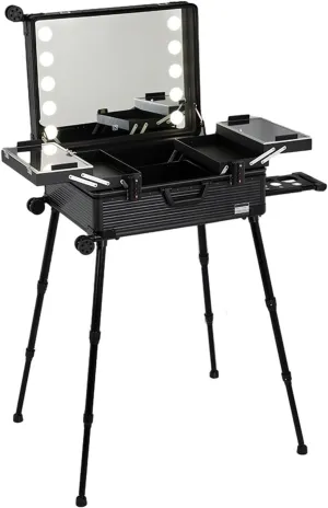 Rolling Cosmetic Case Rolling Makeup Case Aluminum Trolley Makeup Train Case With LED Lights Professional Cosmetic Organizer Studio Wheels And Stands Rolling Lighted Makeup Vanity Station(Black Stripe