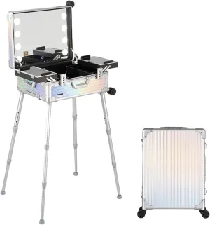 Rolling Makeup Case Aluminium Trolley Makeup Train Case With LED Lights Professional Cosmetic Makeup Case Studio With Stand Rolling Lights(Silver Stripe,24-inch)