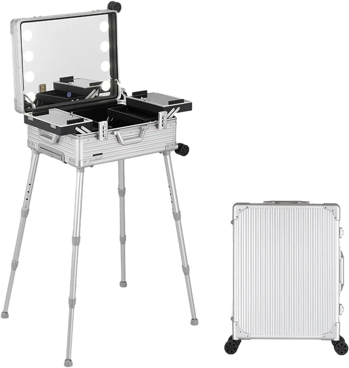 Rolling Makeup Case Aluminium Trolley Makeup Train Case With LED Lights Professional Cosmetic Makeup Case Studio With Stand Rolling Lights(Silver Stripe,24-inch)