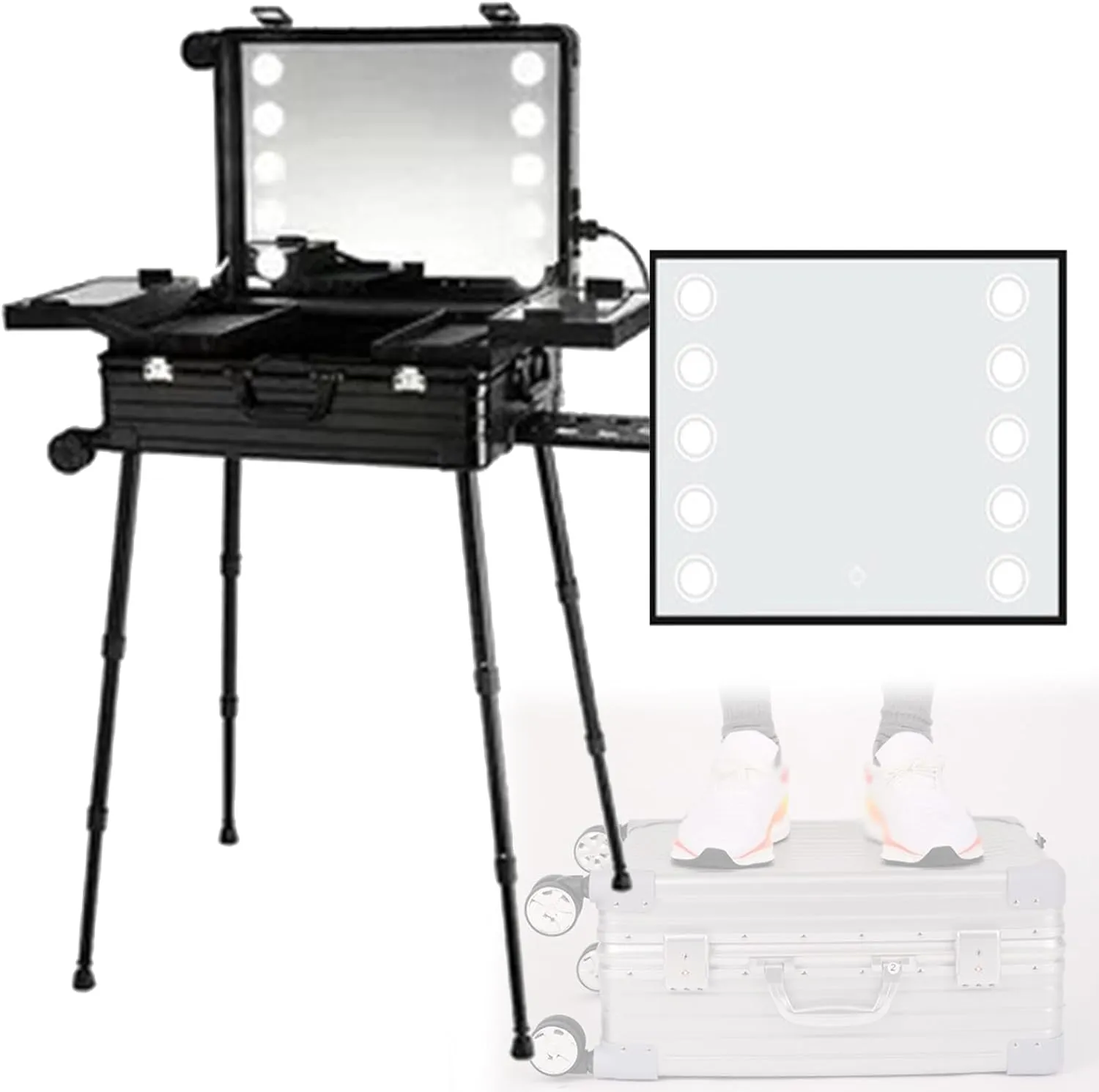Rolling Makeup CaseRolling Makeup Train Case With Illuminated Mirror And Adjustable Height StandAluminium Alloy Makeup Storage CaseTravel CasePortable Makeup Case(Black)