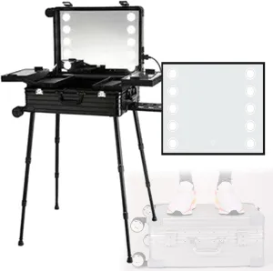 Rolling Makeup CaseRolling Makeup Train Case With Illuminated Mirror And Adjustable Height StandAluminium Alloy Makeup Storage CaseTravel CasePortable Makeup Case(Black)