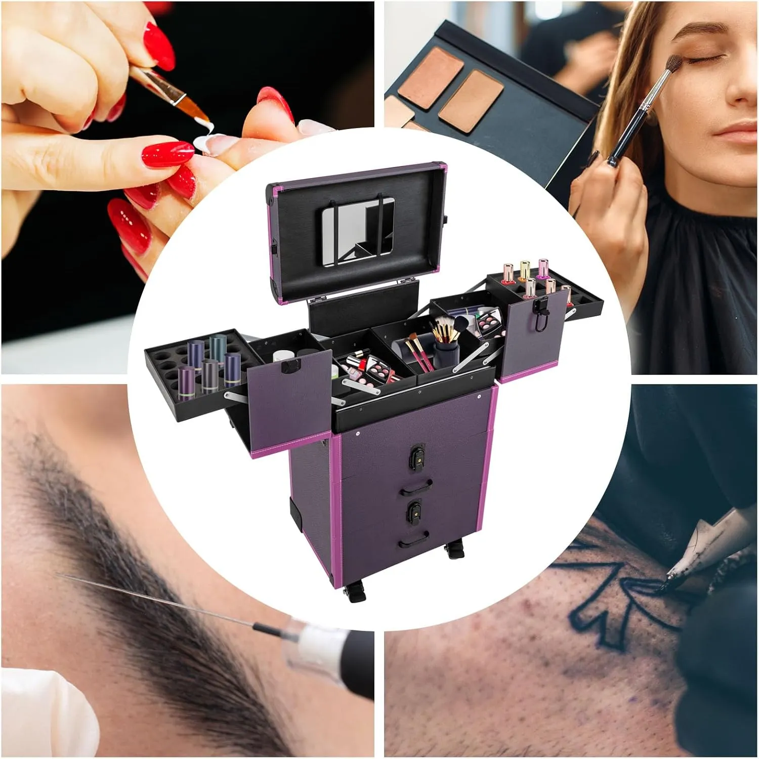 Rolling Makeup Train Case, Large Capacity Trolley Makeup Travel Case with Key Wheels, Professional Make Up Cosmetic Organizer for Make-Up Artists Hairdressers Nail Technicians Beauticians (Purple)