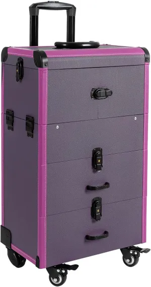 Rolling Makeup Train Case, Large Capacity Trolley Makeup Travel Case with Key Wheels, Professional Make Up Cosmetic Organizer for Make-Up Artists Hairdressers Nail Technicians Beauticians (Purple)