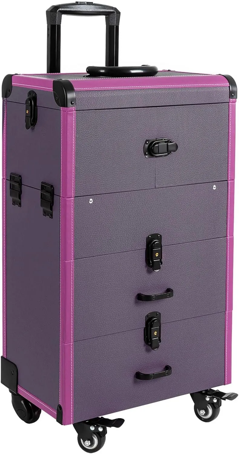 Rolling Makeup Train Case, Large Capacity Trolley Makeup Travel Case with Key Wheels, Professional Make Up Cosmetic Organizer for Make-Up Artists Hairdressers Nail Technicians Beauticians (Purple)