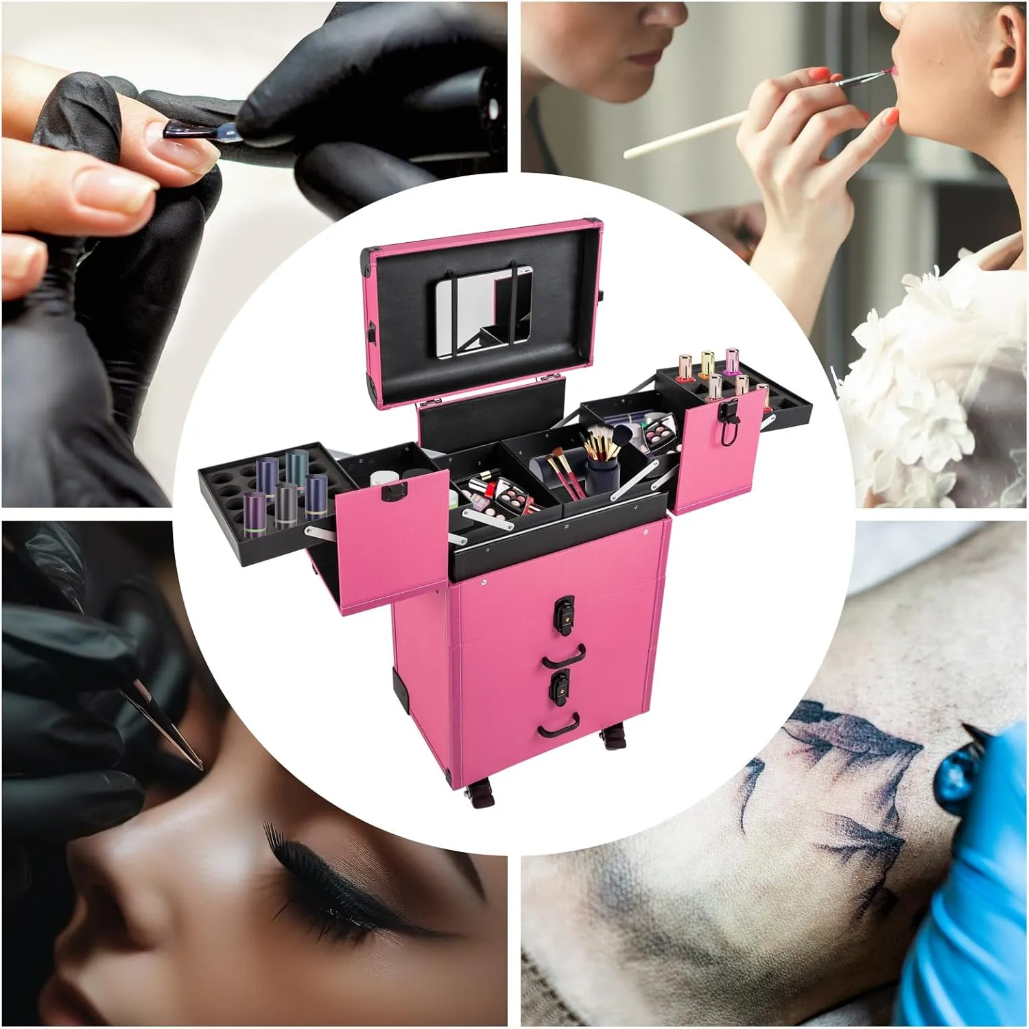 Rolling Makeup Train Case, Large Capacity Trolley Makeup Travel Case with Key Wheels, Professional Make Up Cosmetic Organizer for Make-Up Artists Hairdressers Nail Technicians Beauticians (Rose)