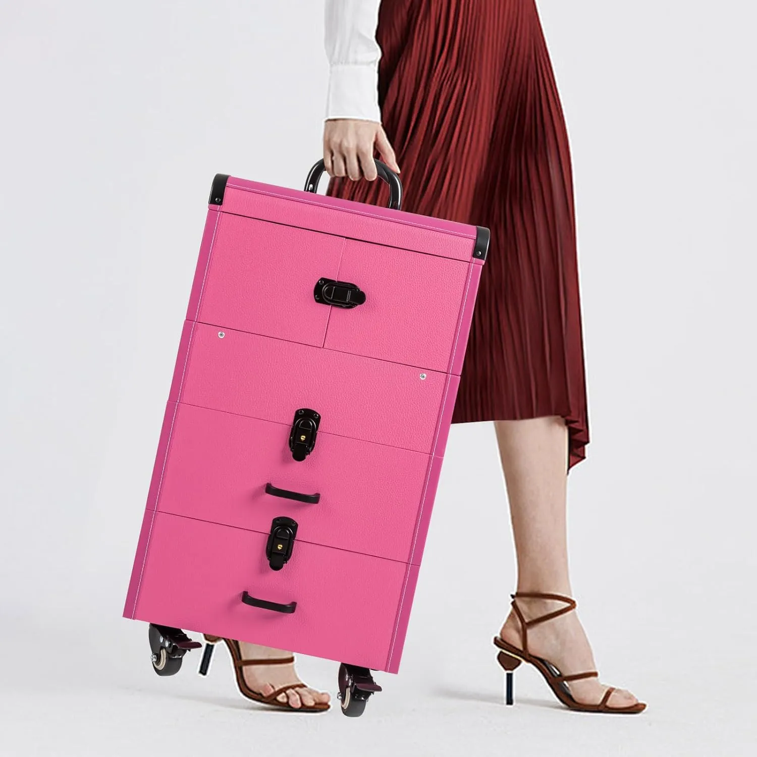 Rolling Makeup Train Case, Large Capacity Trolley Makeup Travel Case with Key Wheels, Professional Make Up Cosmetic Organizer for Make-Up Artists Hairdressers Nail Technicians Beauticians (Rose)