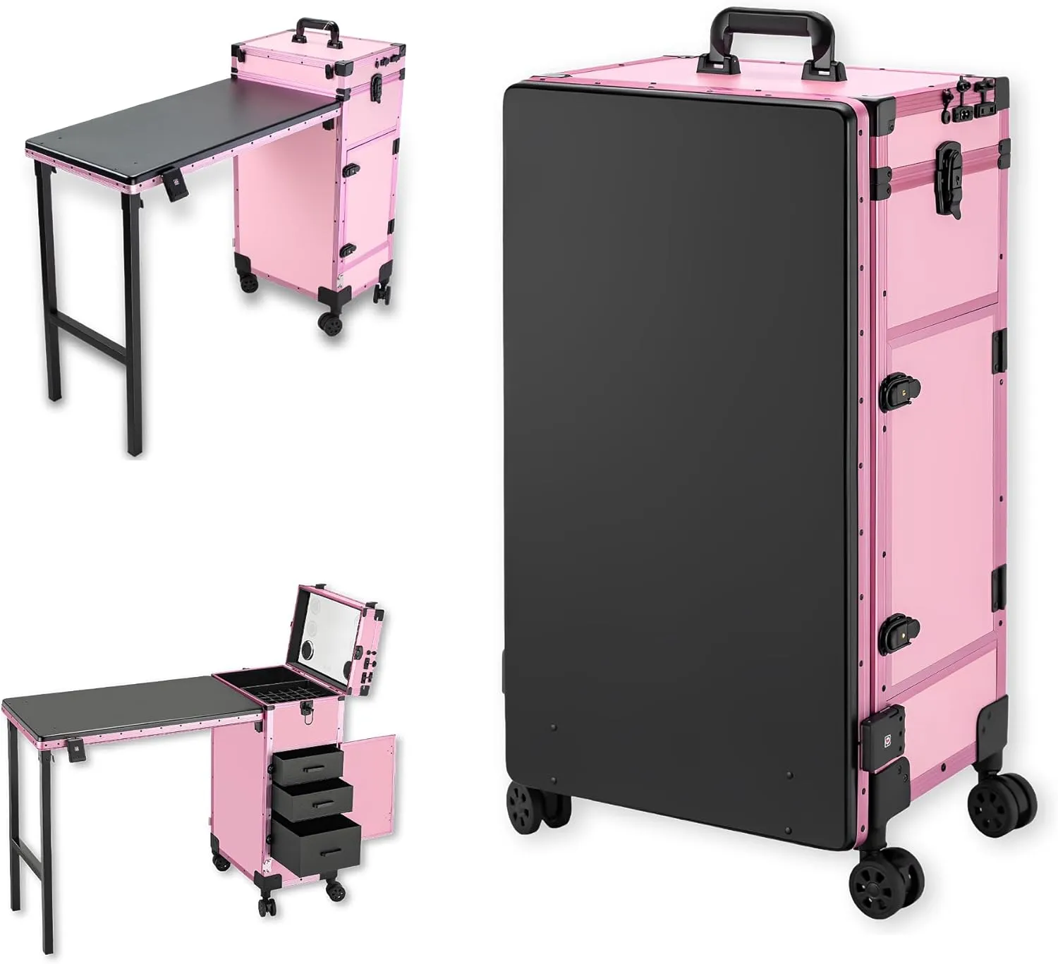 Rolling Makeup Train Case Large Storage Cosmetic Trolley with Collapsible Nail Table Nail Makeup Organizer with LED Mirror 4 Drawer TSA Lock (Pink)