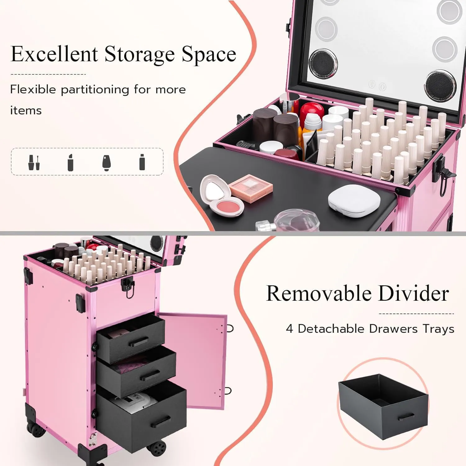 Rolling Makeup Train Case Large Storage Cosmetic Trolley with Collapsible Nail Table Nail Makeup Organizer with LED Mirror 4 Drawer TSA Lock (Pink)