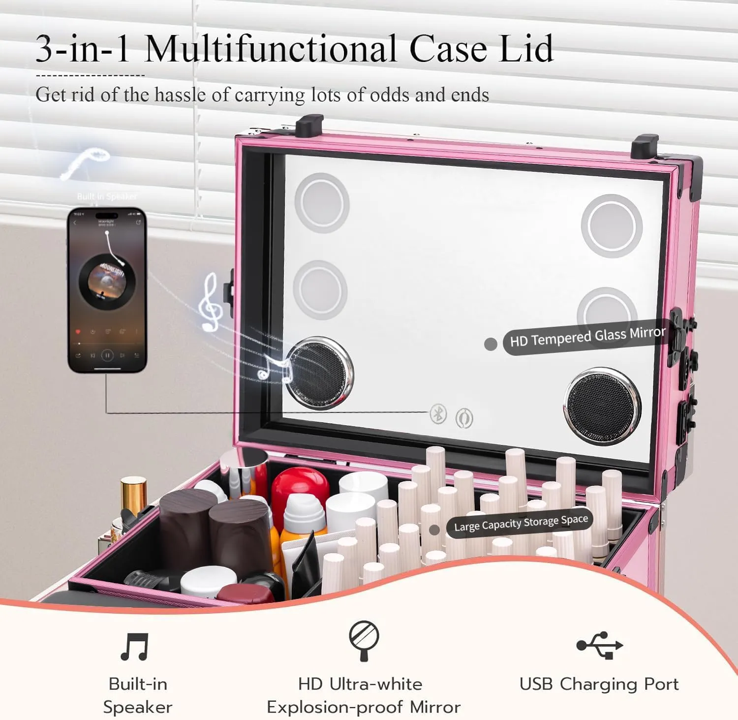 Rolling Makeup Train Case Large Storage Cosmetic Trolley with Collapsible Nail Table Nail Makeup Organizer with LED Mirror 4 Drawer TSA Lock (Pink)