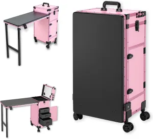 Rolling Makeup Train Case Large Storage Cosmetic Trolley with Collapsible Nail Table Nail Makeup Organizer with LED Mirror 4 Drawer TSA Lock (Pink)