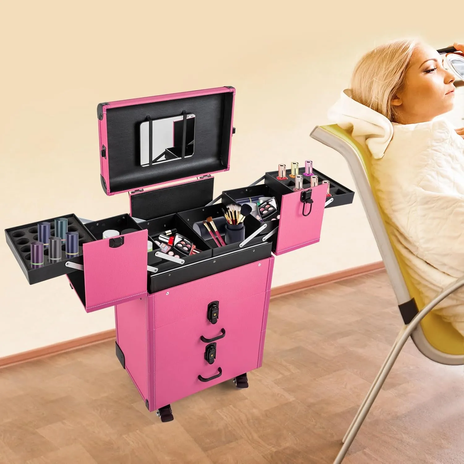Rolling Makeup Train Case, Rolling Makeup Case with 4 Removable Trays,3 in 1 Cosmetology Case on Wheels, Large Storage Traveling Cart, Multi-functional Cosmetic Trolley for Barber Hairstylist (Pink)