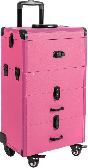 Rolling Makeup Train Case, Rolling Makeup Case with 4 Removable Trays,3 in 1 Cosmetology Case on Wheels, Large Storage Traveling Cart, Multi-functional Cosmetic Trolley for Barber Hairstylist (Pink)