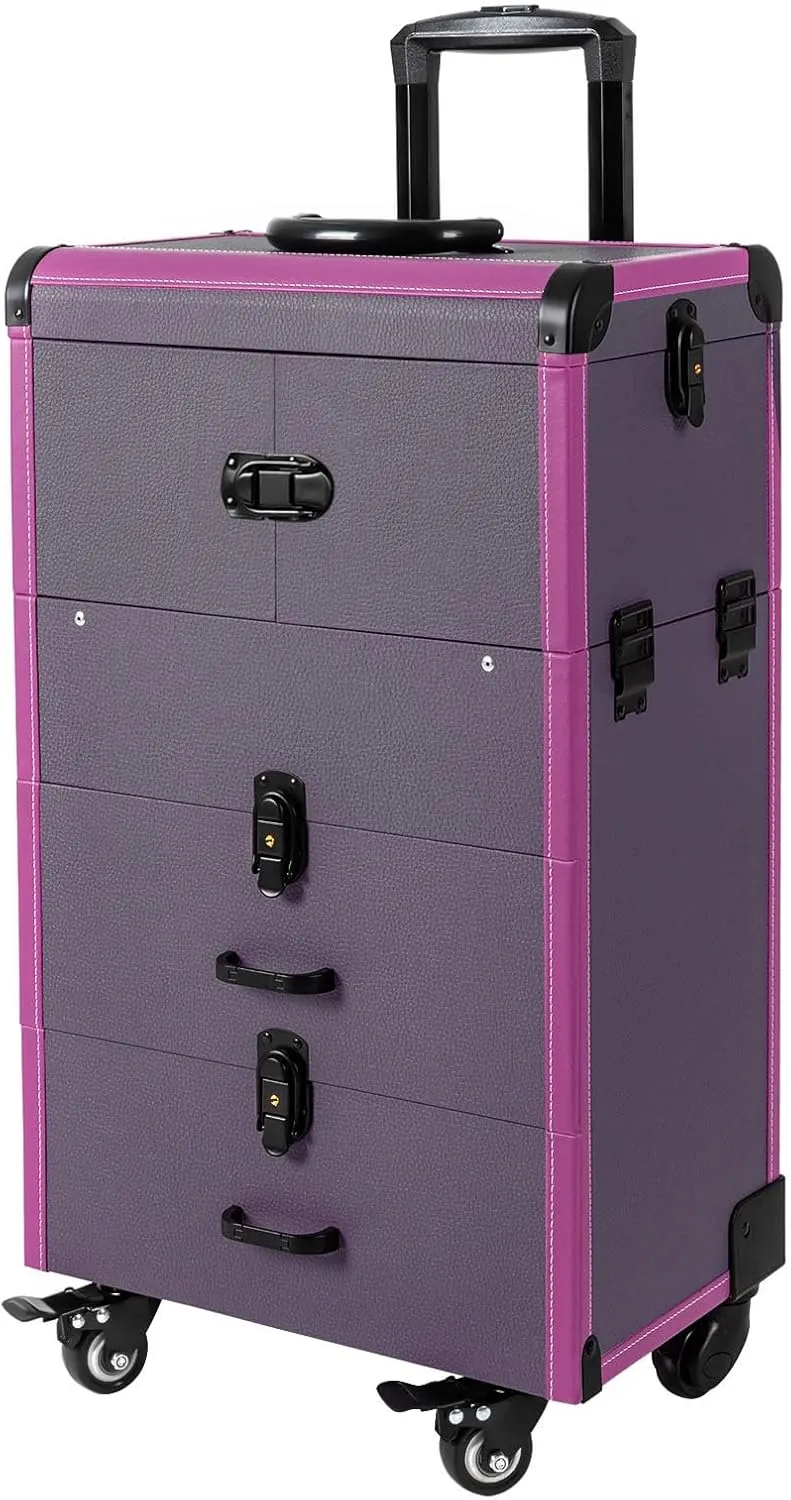 Rolling Makeup Train Case, Rolling Makeup Case with 4 Removable Trays,3 in 1 Cosmetology Case on Wheels, Large Storage Traveling Cart, Multi-functional Cosmetic Trolley for Barber Hairstylist (Purple)