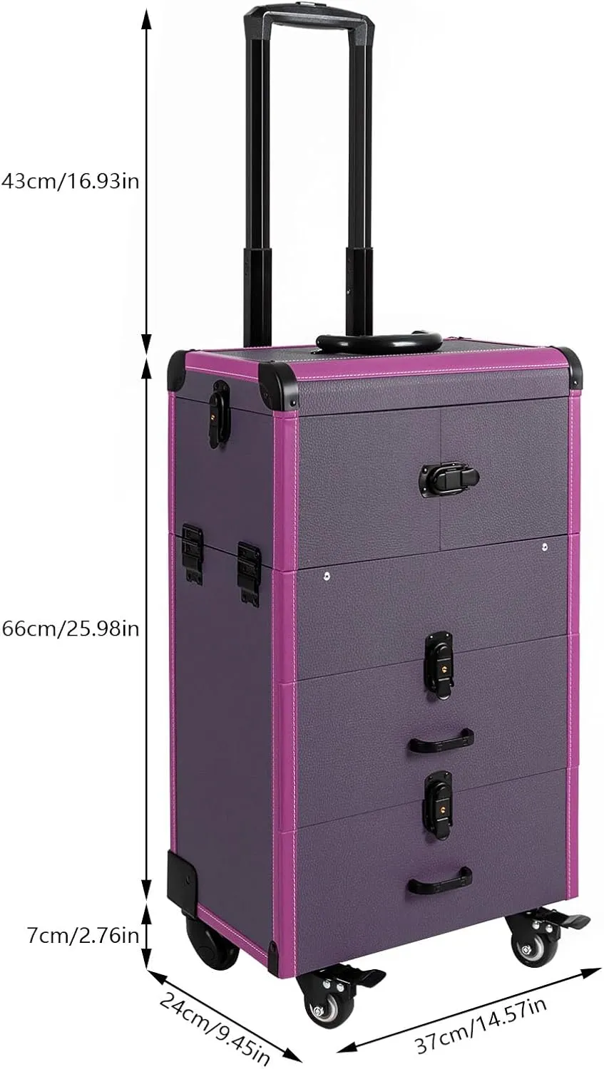 Rolling Makeup Train Case, Rolling Makeup Case with 4 Removable Trays,3 in 1 Cosmetology Case on Wheels, Large Storage Traveling Cart, Multi-functional Cosmetic Trolley for Barber Hairstylist (Purple)