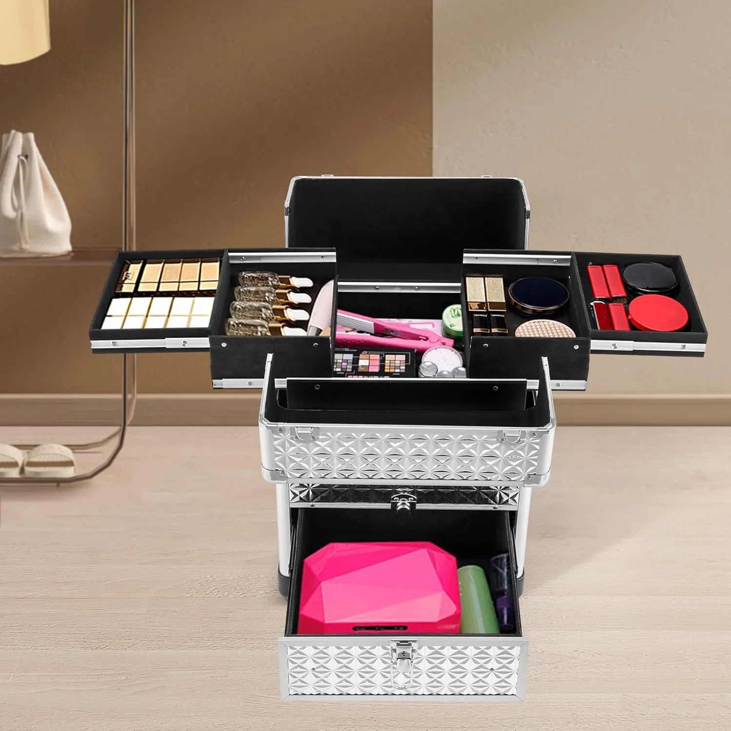 Rolling Makeup Train Case with Drawers, Cosmetic Travel Trolley, Storage Sliding Drawer 4 Tray Cosmetics Beauty Organizer Lockable Luggage Trolley (Silver)