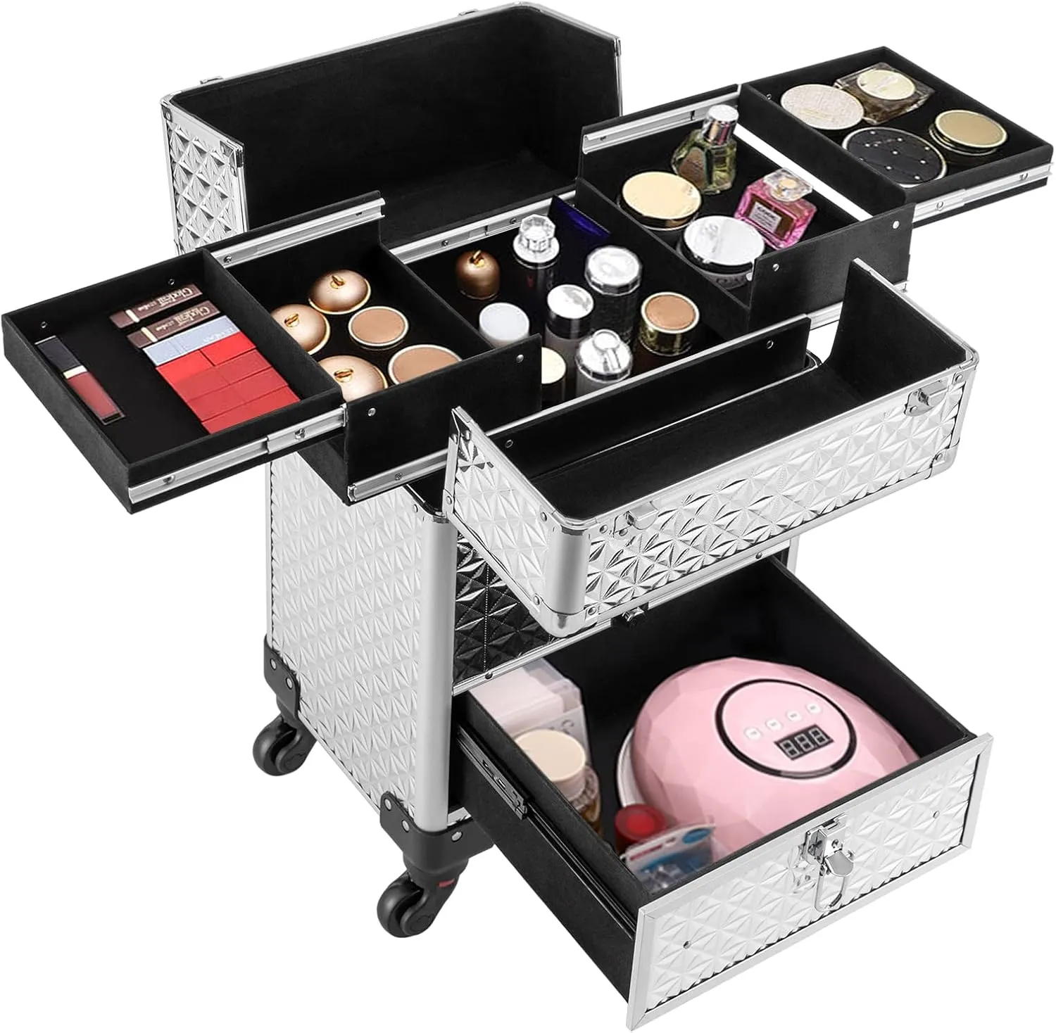 Rolling Makeup Train Case with Drawers, Cosmetic Travel Trolley, Storage Sliding Drawer 4 Tray Cosmetics Beauty Organizer Lockable Luggage Trolley (Silver)