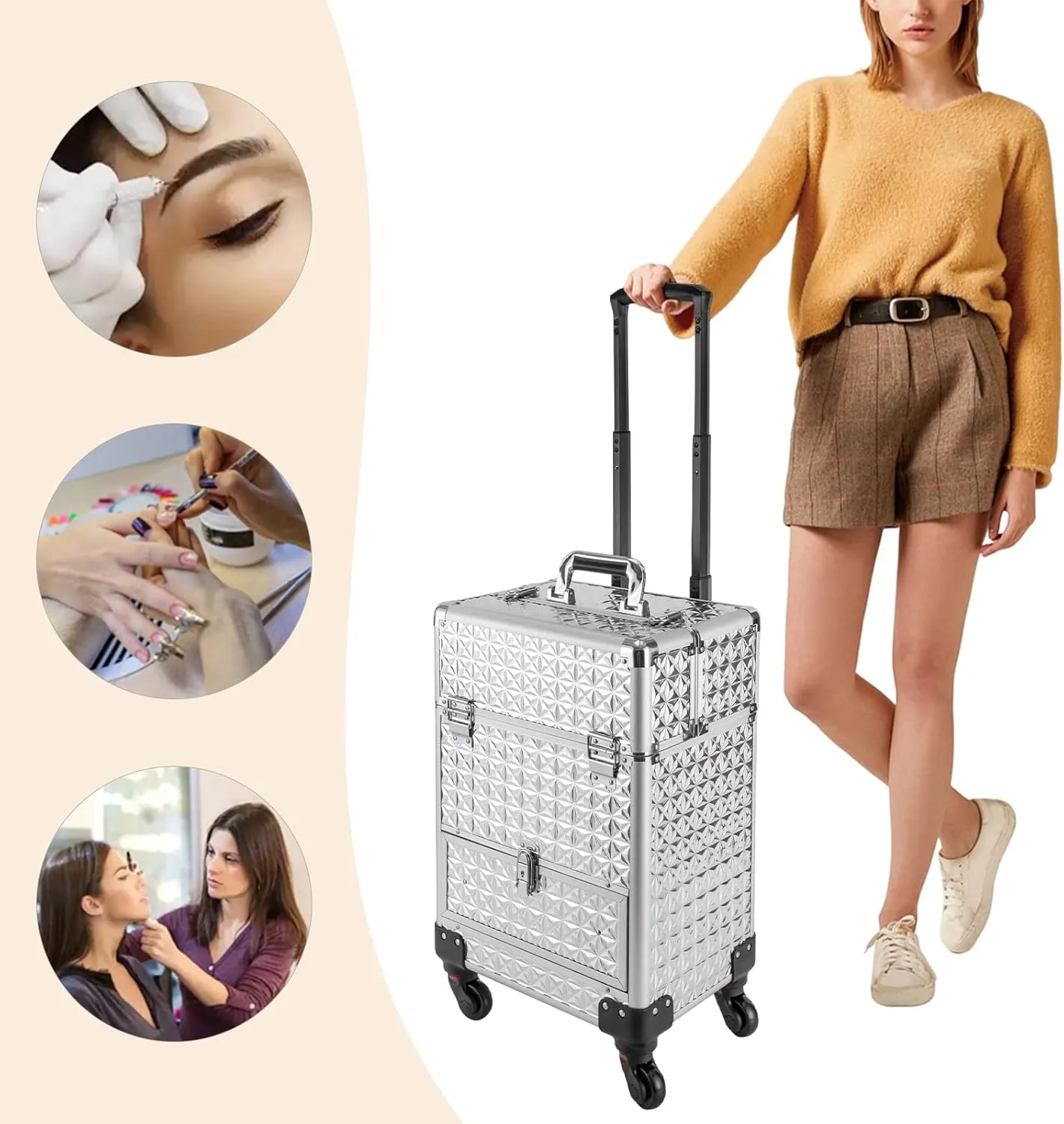 Rolling Makeup Train Case with Drawers, Cosmetic Travel Trolley, Storage Sliding Drawer 4 Tray Cosmetics Beauty Organizer Lockable Luggage Trolley (Silver)