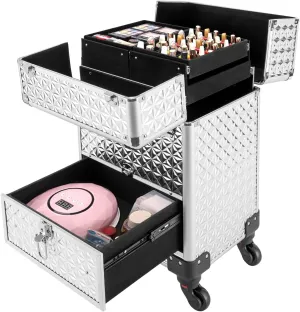 Rolling Makeup Train Case with Drawers, Cosmetic Travel Trolley, Storage Sliding Drawer 4 Tray Cosmetics Beauty Organizer Lockable Luggage Trolley (Silver)
