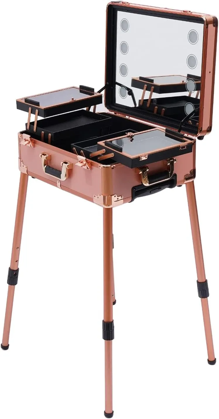 Rolling Makeup Train Case with Lighted Mirror, Aluminum Trolley Makeup Train Case with LED Light & 4-Gear Height Adjustable Legs, For Makeup Vanity Station Studio Travel(Rose Gold)