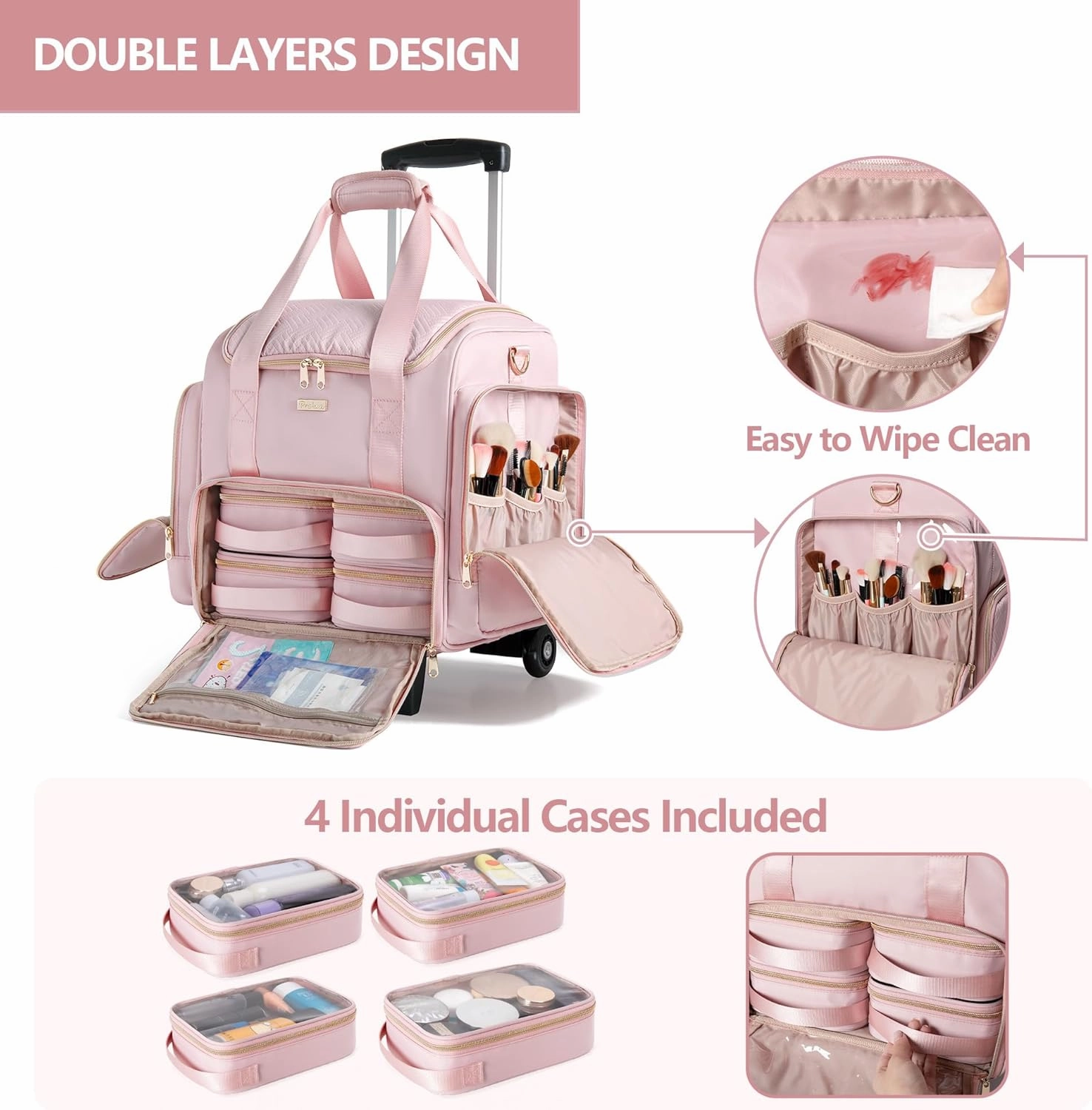 Rolling Makeup Case with 4 Removable Bags, Professional Makeup Train Case with Wheels, Makeup Artist Travel Bag with Brushes Storage Section, Pink (Patent Design)