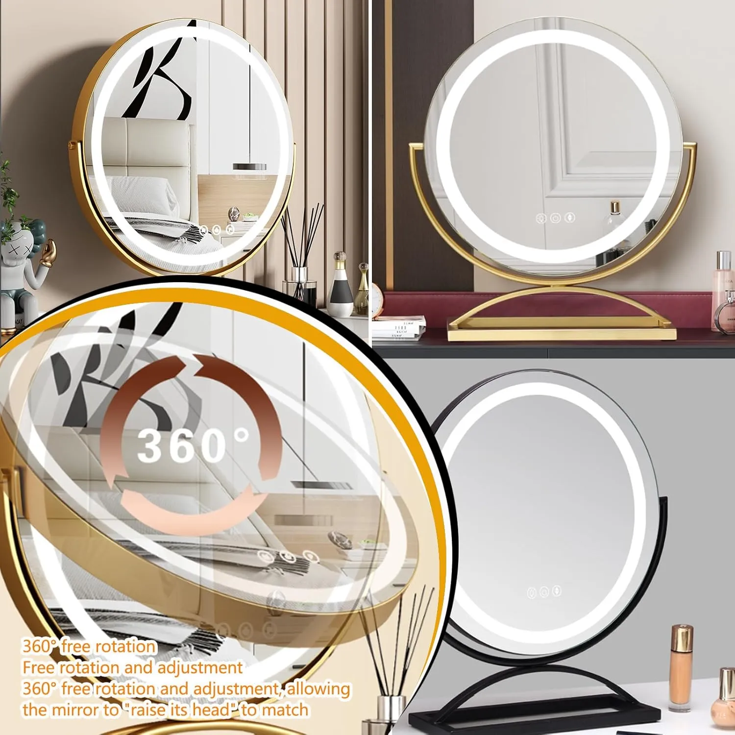 Rotating Dressing Table Lighted Vanity Mirror, Vanity Mirror with Lights for Makeup, Tabletop Adjustable LED Mirror,Black