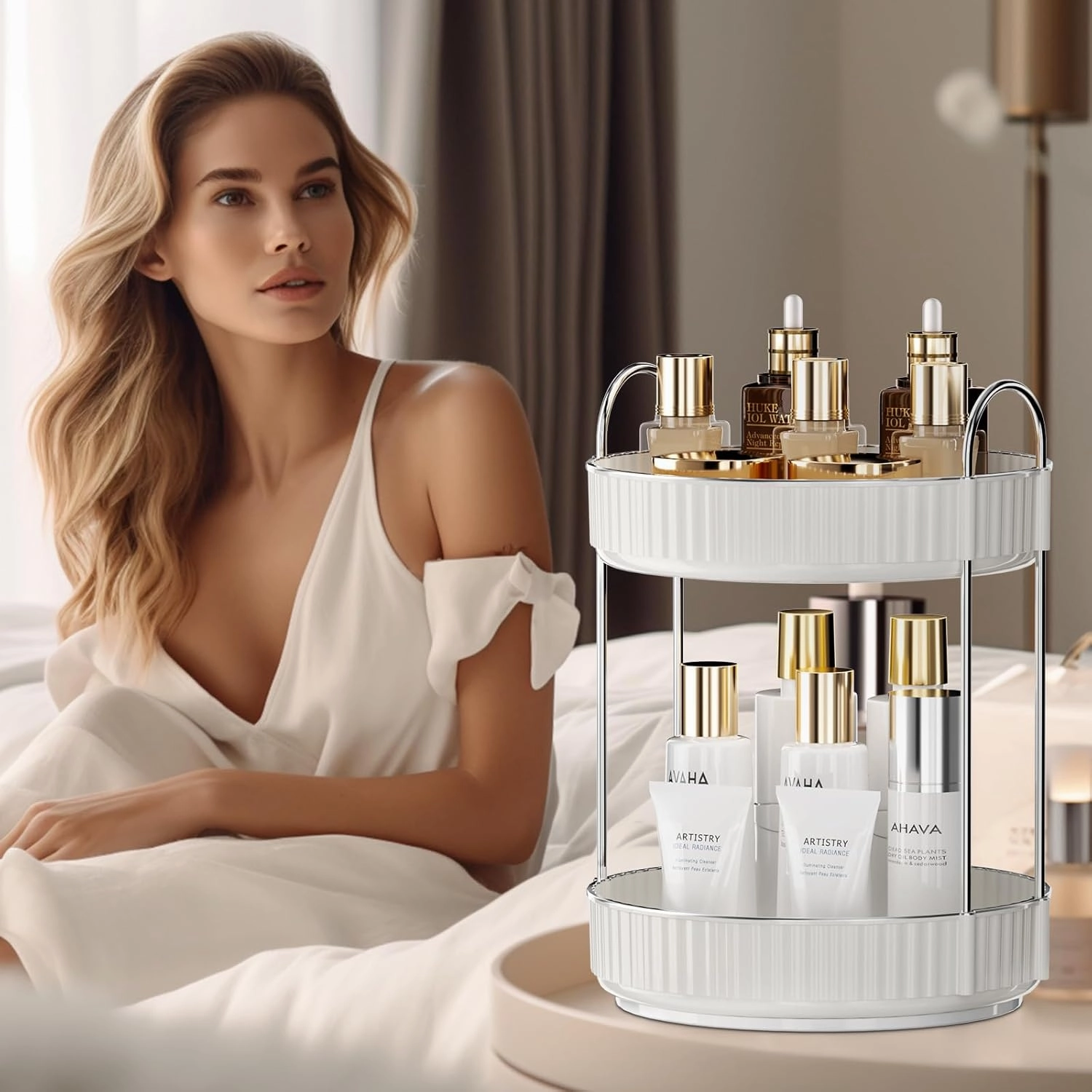 Rotating Makeup Organizer for Vanity, 2 Tier High-Capacity Skincare & Makeup Storage, Perfume Organizer, Cosmetic Dresser, Countertop 360 Spinning