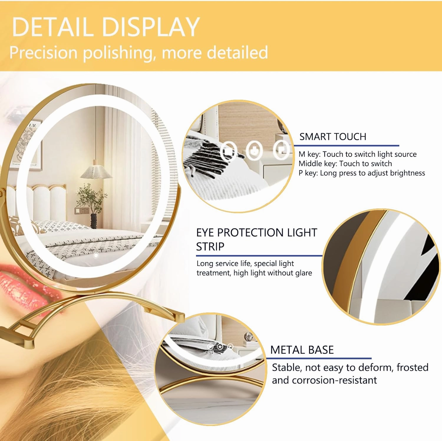Round Gold Lighted Vanity Mirror, Espejo Redondo Con Luz LED 50 cm, Rechargeable Touch Dimmable Tabletop Espejos 50 cm for Bedroom Makeup,16IN
