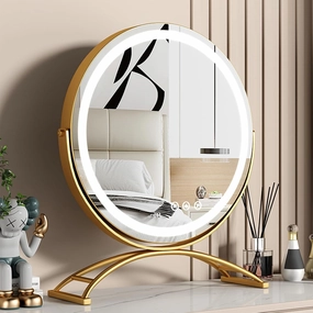 Round Gold Lighted Vanity Mirror, Espejo Redondo Con Luz LED 50 cm, Rechargeable Touch Dimmable Tabletop Espejos 50 cm for Bedroom Makeup,16IN