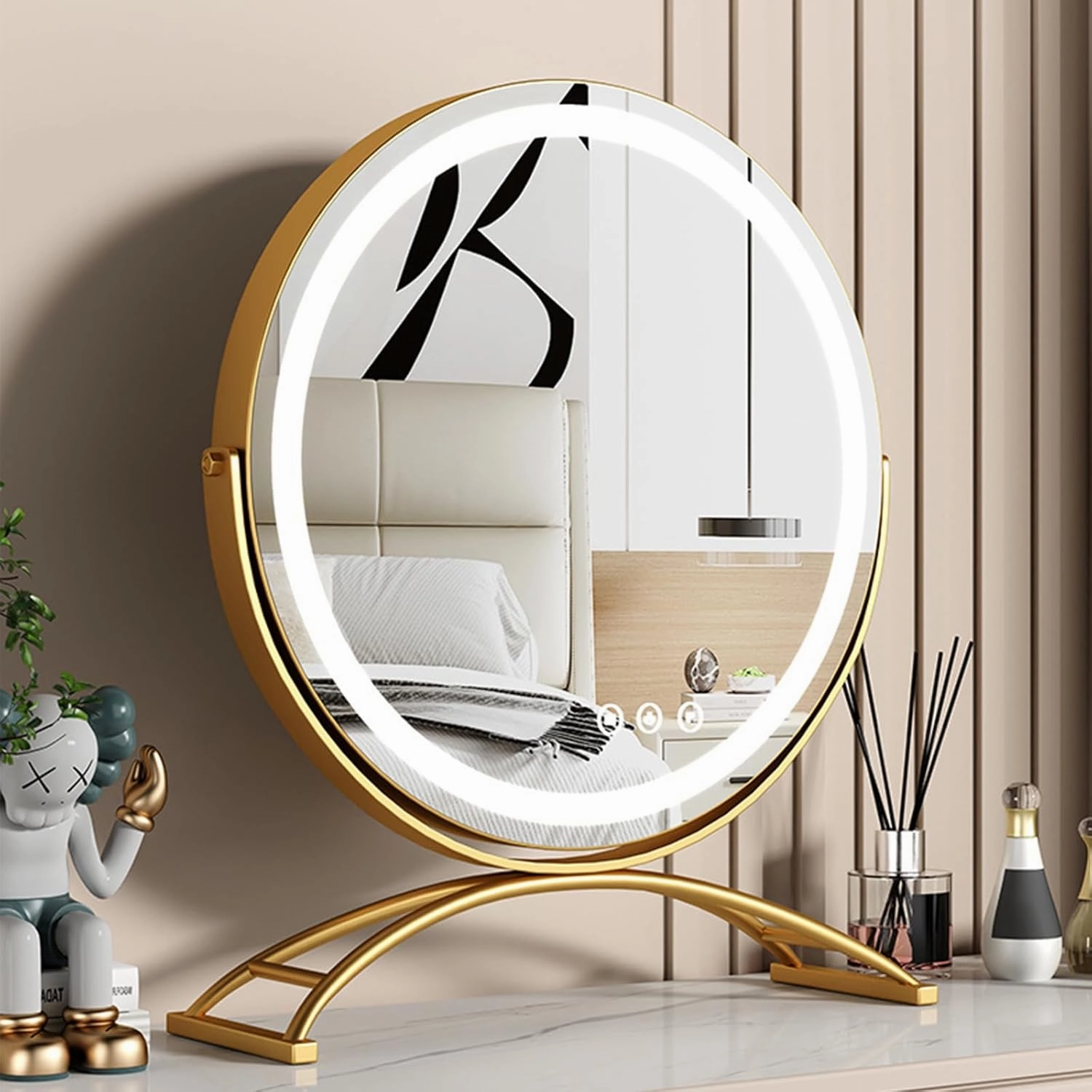 Round Gold Lighted Vanity Mirror, Espejo Redondo Con Luz LED 50 cm, Rechargeable Touch Dimmable Tabletop Espejos 50 cm for Bedroom Makeup,16IN