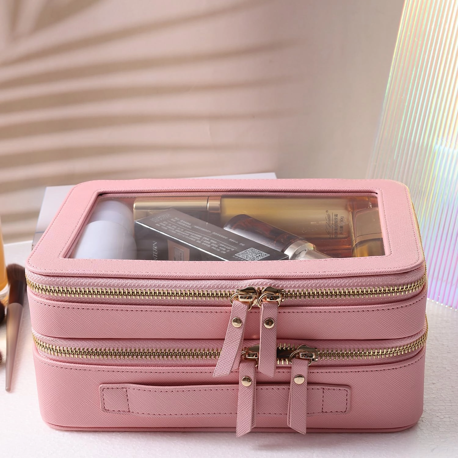 SANHECUN Clear Travel Toiletry bag Toiletry Case Carry on Travel Accessories Bag Makeup Bag (Pink, SHC-TL-2)