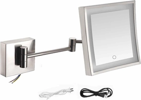 Screen Touch Dimming Makeup Mirror with Lights and 3X Magnification Square LED Wall Mounted Bathroom Vanity Mirror，Rotable Extendable Shaving MirrorBrass Plug(Nickel,USB Charging)
