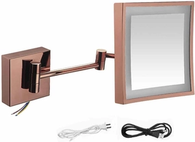 Screen Touch Dimming Makeup Mirror with Lights and 3X Magnification Square LED Wall Mounted Bathroom Vanity Mirror，Rotable Extendable Shaving MirrorBrass Plug(Rose Gold,USB Charging)
