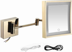 Screen Touch Dimming Makeup Mirror with Lights and 3X Magnification Square LED Wall Mounted Bathroom Vanity Mirror，Rotable Extendable Shaving MirrorBrass Plug(Zirconium,Plug)