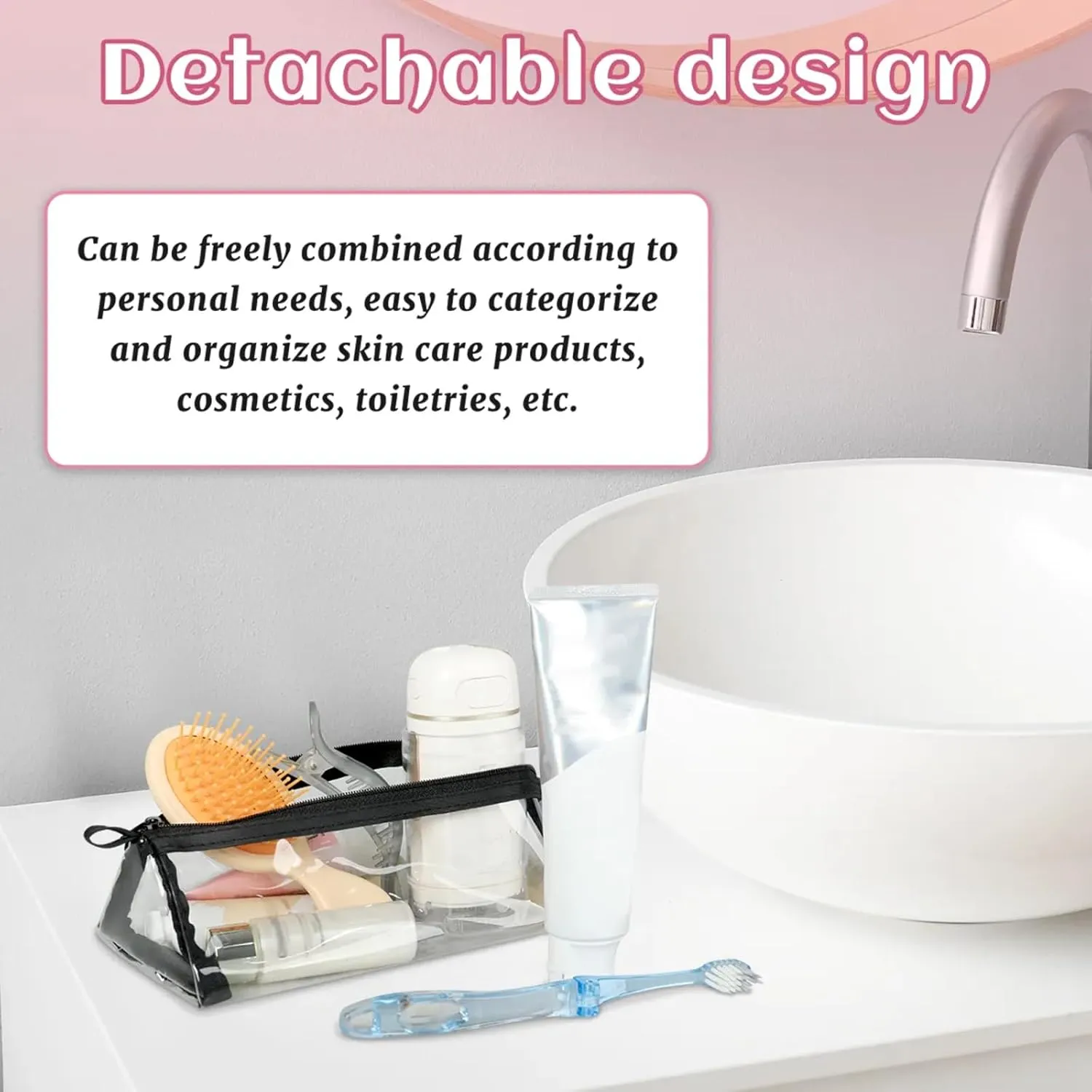 Sea Starry Garden Toiletry Bag Water Proof Travel Makeup Case Large Capacity 4 in 1 Foldable Cosmetics Storage for Women Men Removable Zipper Clear PVC Pockets