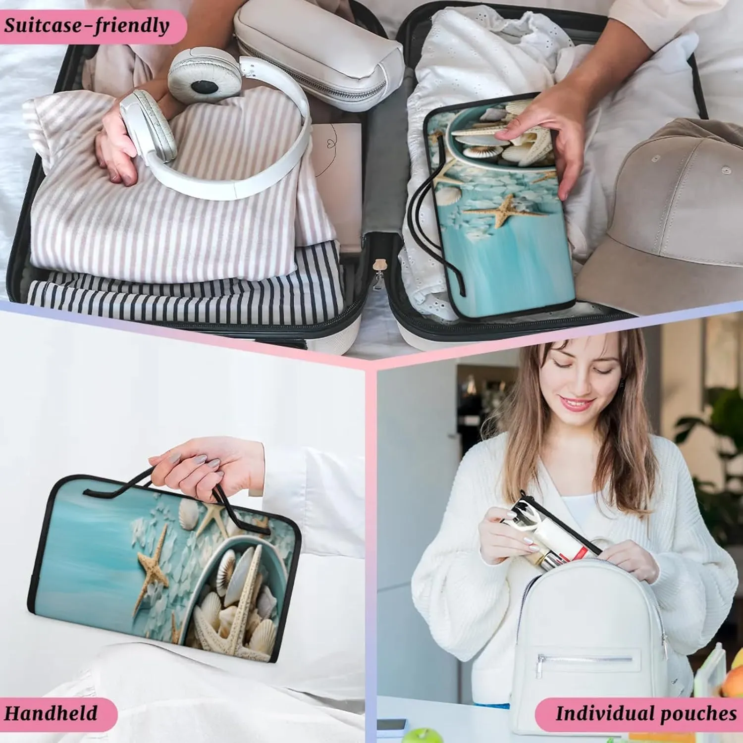 Sea Starry Garden Toiletry Bag Water Proof Travel Makeup Case Large Capacity 4 in 1 Foldable Cosmetics Storage for Women Men Removable Zipper Clear PVC Pockets