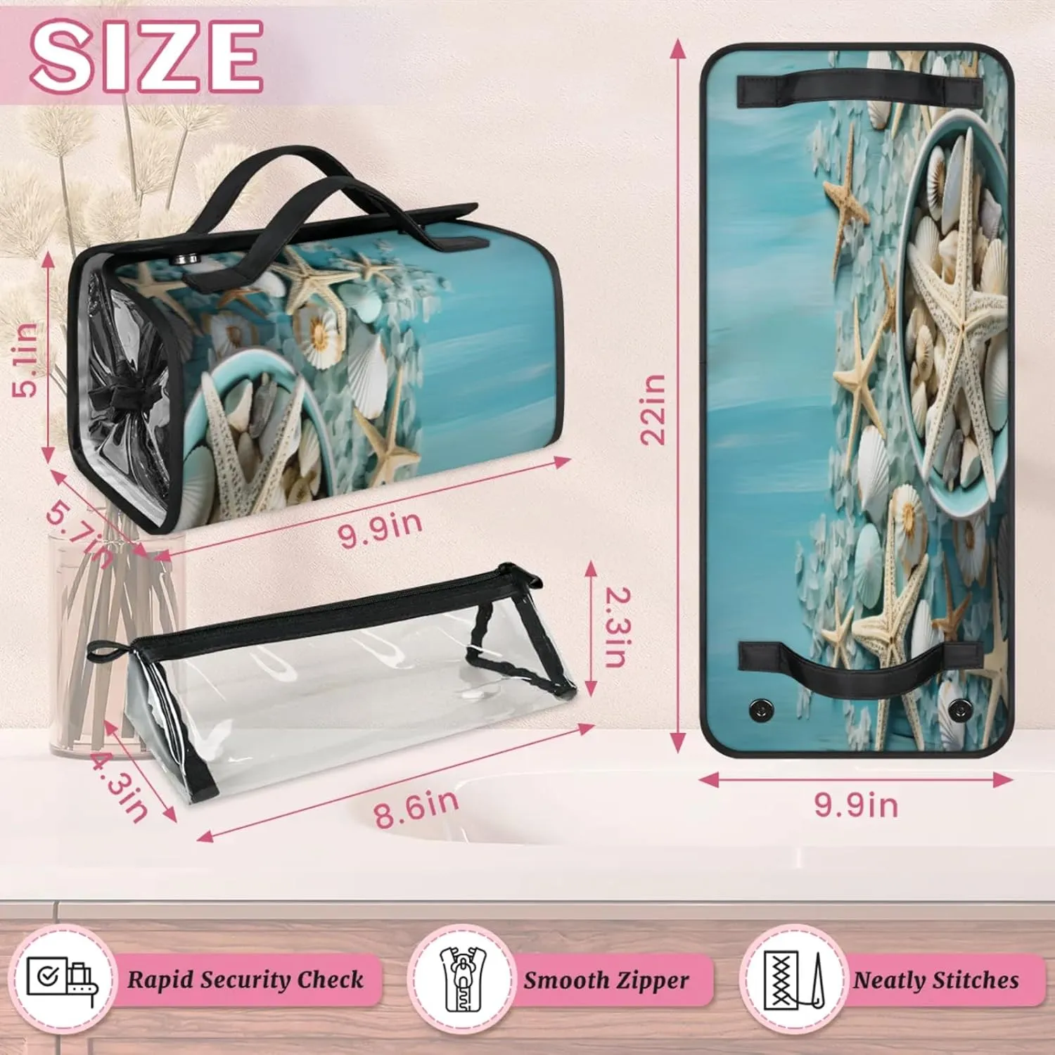 Sea Starry Garden Toiletry Bag Water Proof Travel Makeup Case Large Capacity 4 in 1 Foldable Cosmetics Storage for Women Men Removable Zipper Clear PVC Pockets