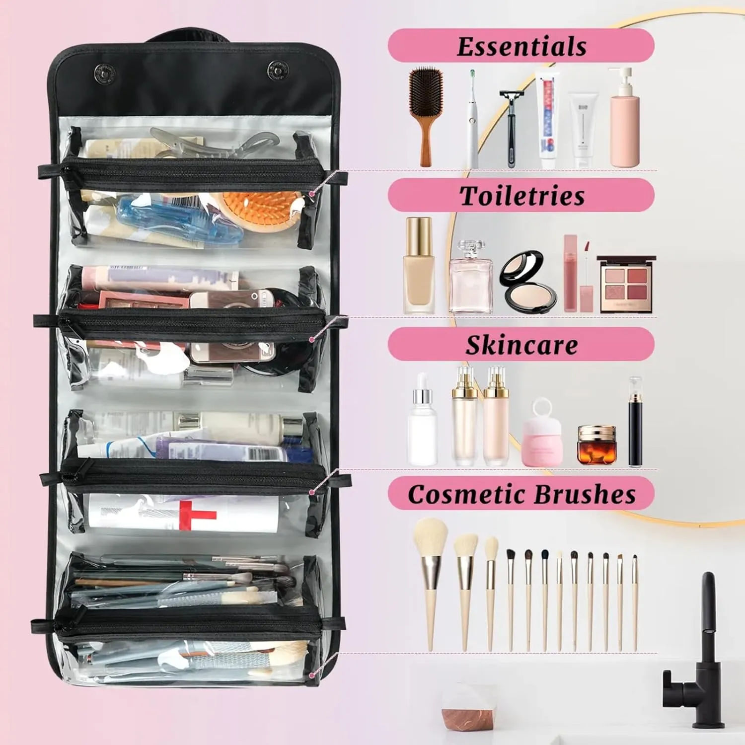 Sea Starry Garden Toiletry Bag Water Proof Travel Makeup Case Large Capacity 4 in 1 Foldable Cosmetics Storage for Women Men Removable Zipper Clear PVC Pockets
