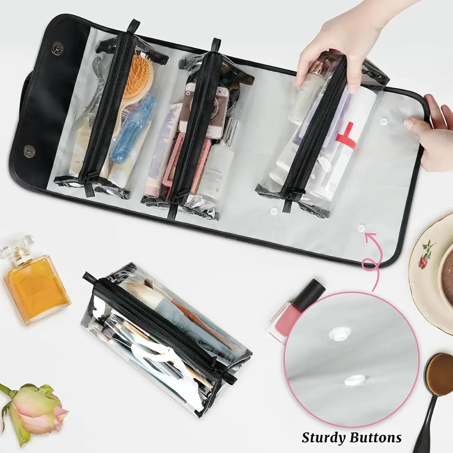 Sea Starry Garden Toiletry Bag Water Proof Travel Makeup Case Large Capacity 4 in 1 Foldable Cosmetics Storage for Women Men Removable Zipper Clear PVC Pockets