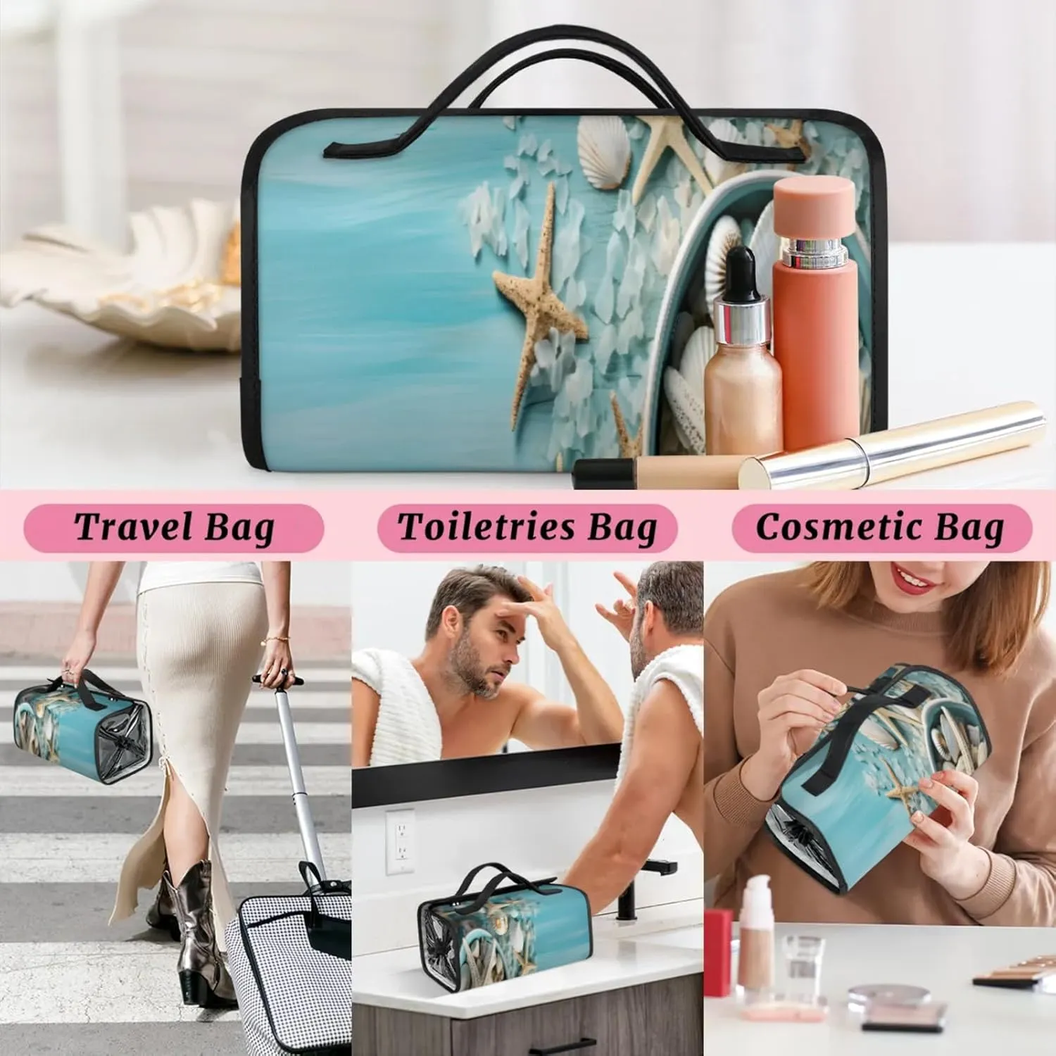 Sea Starry Garden Toiletry Bag Water Proof Travel Makeup Case Large Capacity 4 in 1 Foldable Cosmetics Storage for Women Men Removable Zipper Clear PVC Pockets
