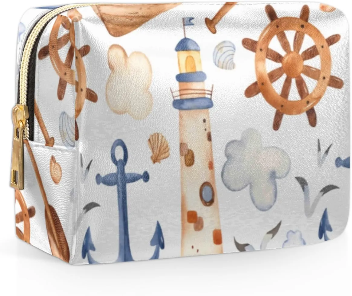 Seagulls Anchor Lighthouse Travel Makeup Bag Cosmetic Bags for Women Durable Portable Leather Waterproof Small Makeup Bag with 4 Pock for Christmas Birthday Gifts
