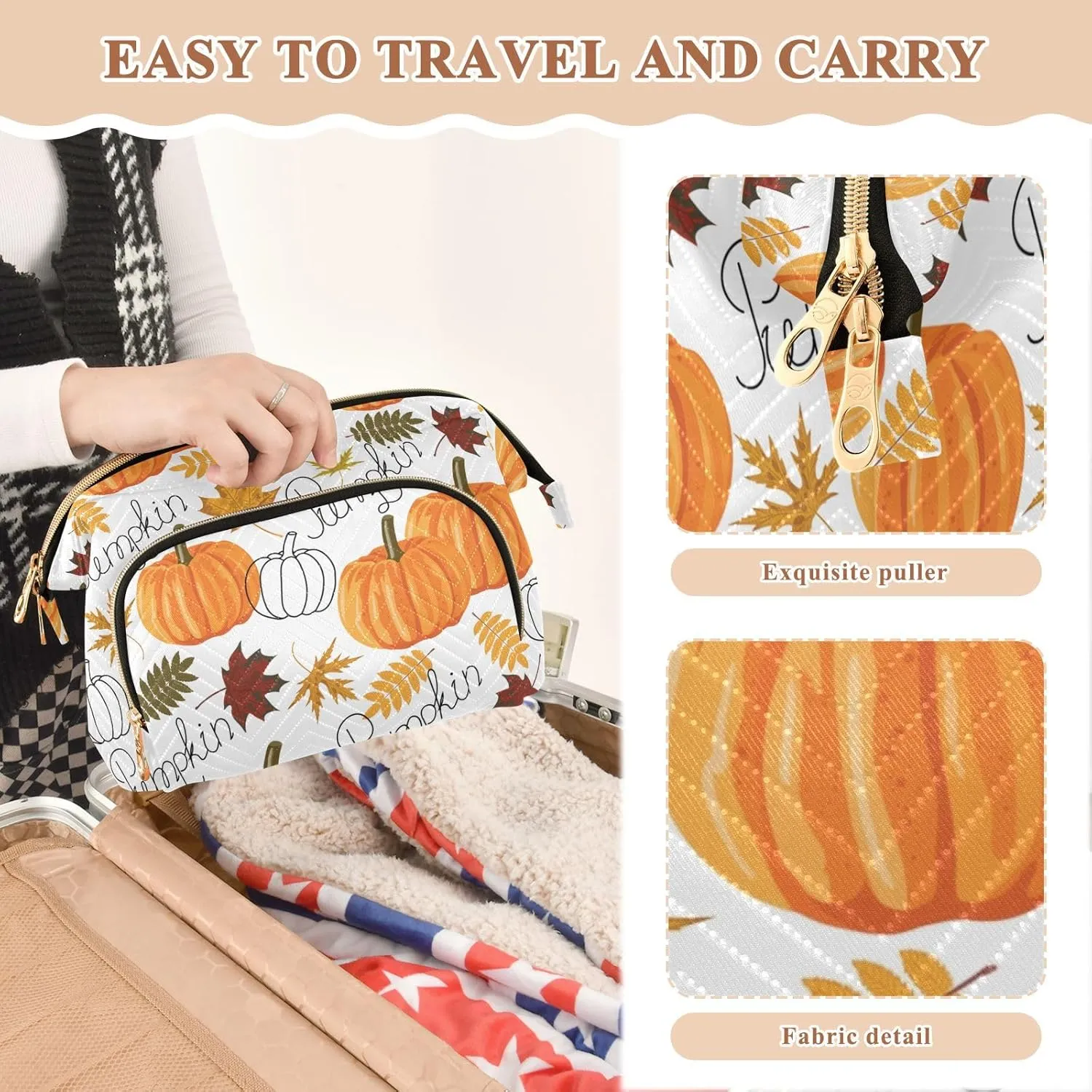 Seamless Autumn Leaves Orange Pumpkins Draft Pumpkins Women Cosmetic Bag Makeup Bag Stylish Trip Beauty Bag Travel Toiletry Bag with Bottle Organizer 10.2 x 5.9 x 6.7 inch