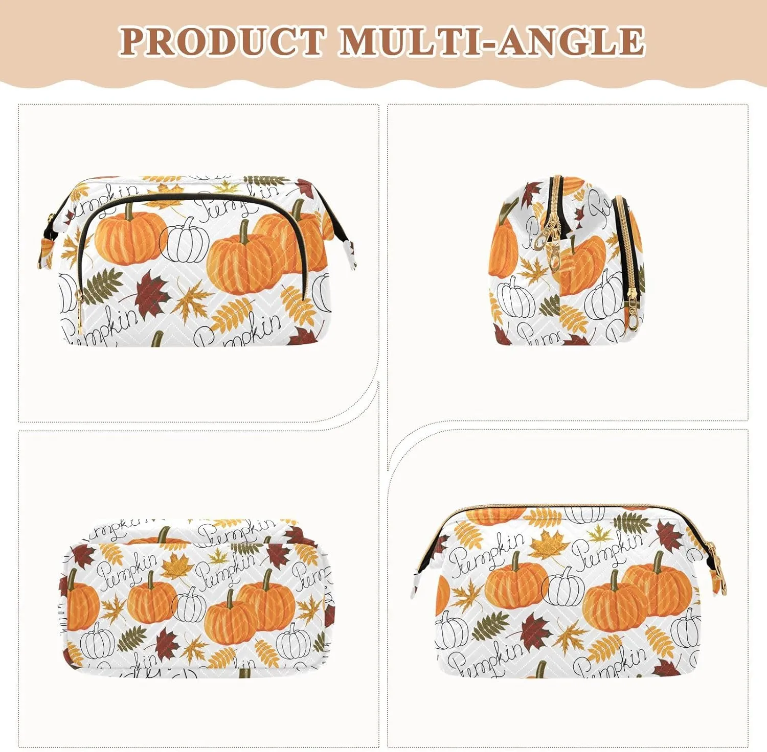 Seamless Autumn Leaves Orange Pumpkins Draft Pumpkins Women Cosmetic Bag Makeup Bag Stylish Trip Beauty Bag Travel Toiletry Bag with Bottle Organizer 10.2 x 5.9 x 6.7 inch