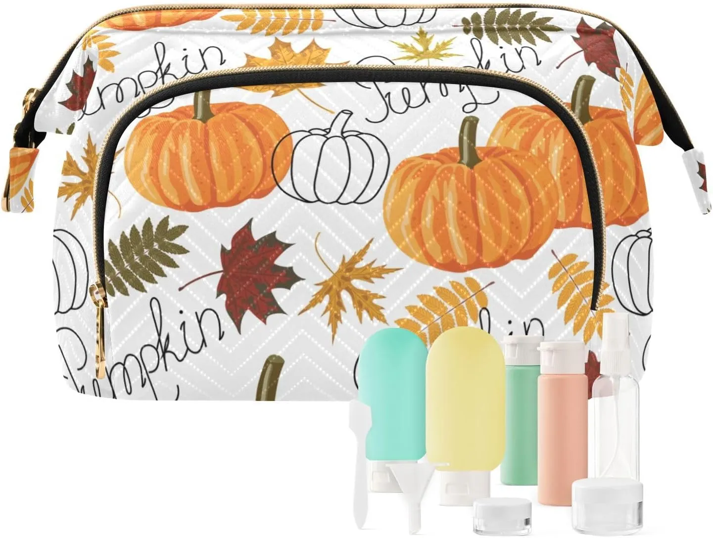 Seamless Autumn Leaves Orange Pumpkins Draft Pumpkins Women Cosmetic Bag Makeup Bag Stylish Trip Beauty Bag Travel Toiletry Bag with Bottle Organizer 10.2 x 5.9 x 6.7 inch