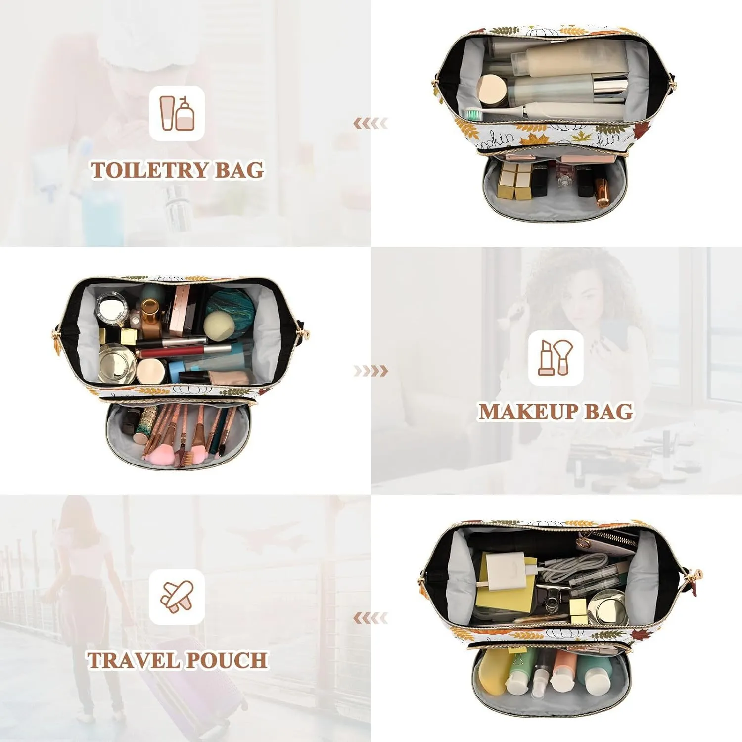 Seamless Autumn Leaves Orange Pumpkins Draft Pumpkins Women Cosmetic Bag Makeup Bag Stylish Trip Beauty Bag Travel Toiletry Bag with Bottle Organizer 10.2 x 5.9 x 6.7 inch