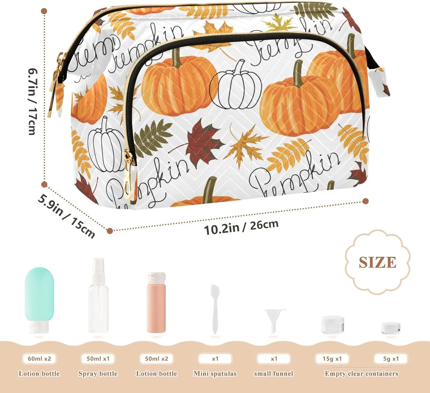 Seamless Autumn Leaves Orange Pumpkins Draft Pumpkins Women Cosmetic Bag Makeup Bag Stylish Trip Beauty Bag Travel Toiletry Bag with Bottle Organizer 10.2 x 5.9 x 6.7 inch