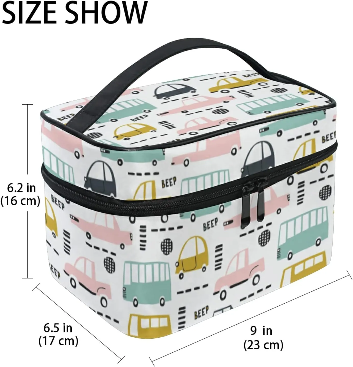 Seamless Cartoon Cars, Road Hatches, Zebra Crossing on White Beauty Cosmetic with Zipper Brush Portable Storage Bag, Fashion printing Toiletry, Durable Travel Organizer Tote Unisex Gifts